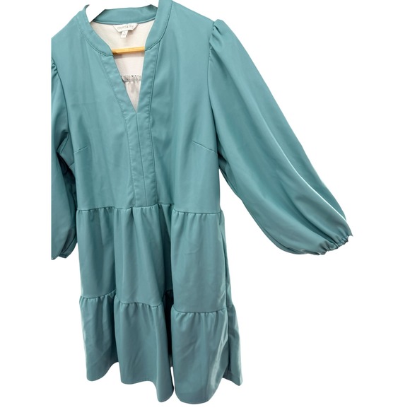 Crown & Ivy Teal Blue Faux Leather Tiered Babydoll Mini Dress Womens Large - Picture 3 of 5